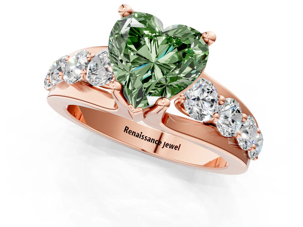 Rose gold Fancy Green Heart  Brilliant Solitaire with Side Stones on a Pave Band and Four-Prong Setting