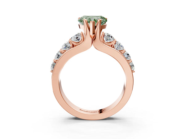 Rose gold Fancy Green Heart  Brilliant Solitaire with Side Stones on a Pave Band and Four-Prong Setting