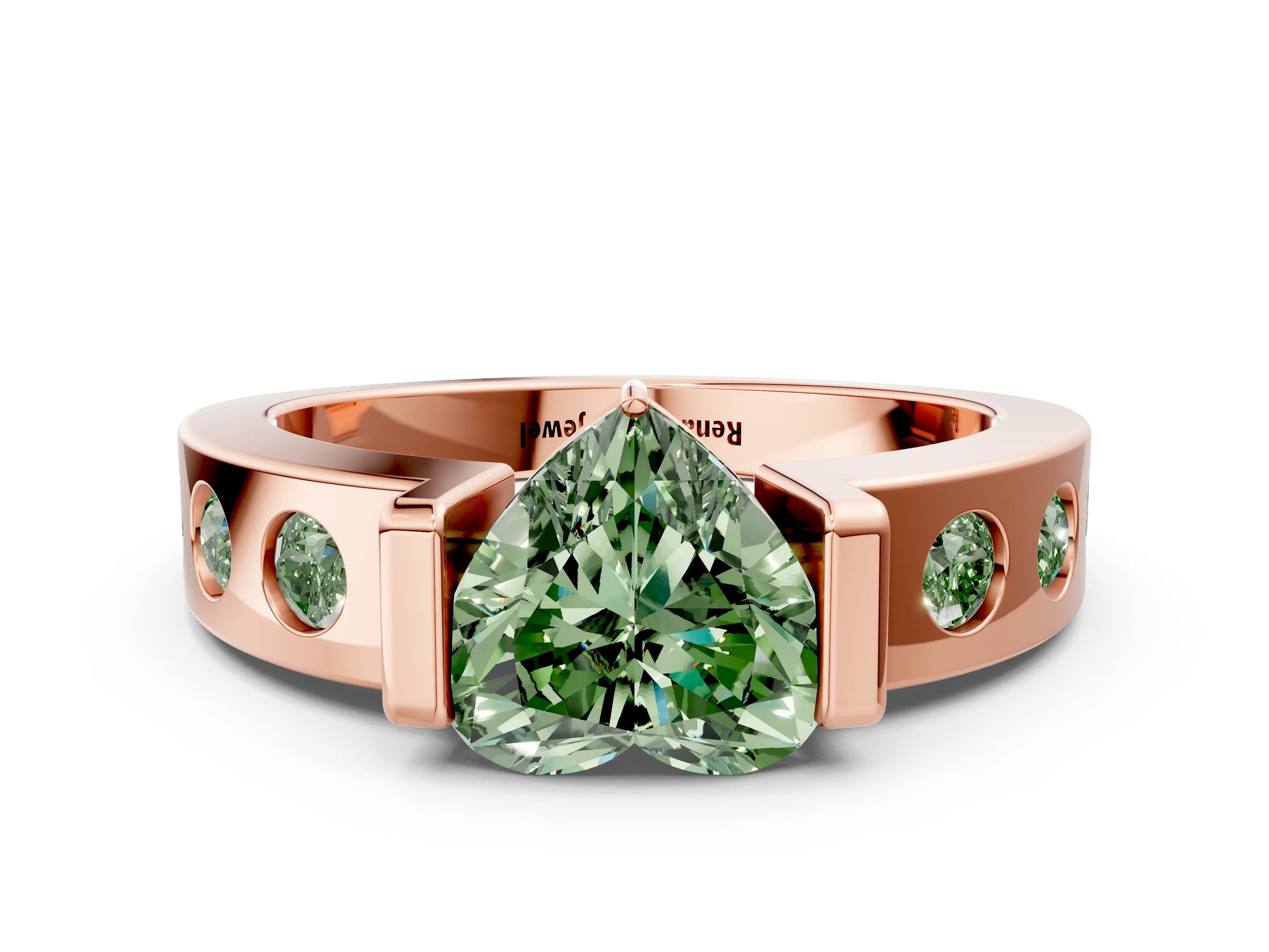Rose gold Fancy Green Heart Cut Brilliant Channel-Set Diamond Ring with Bezel Prong Setting
