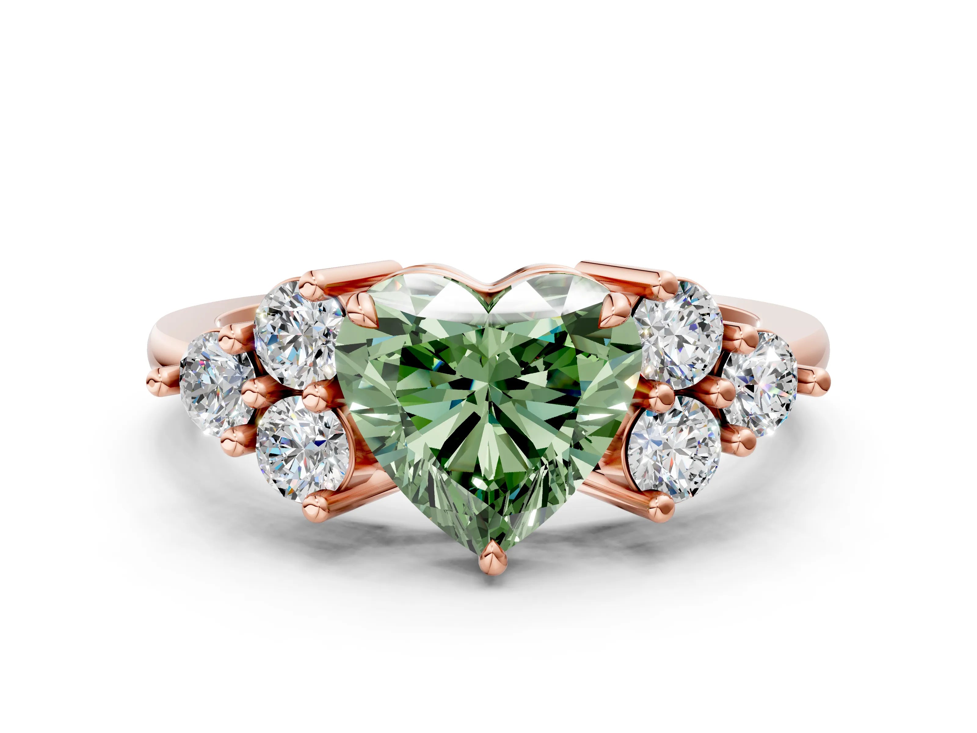 Rose gold Fancy Green Heart Cut Brilliant Diamond Cluster Accent Solitaire Ring with Prong Setting