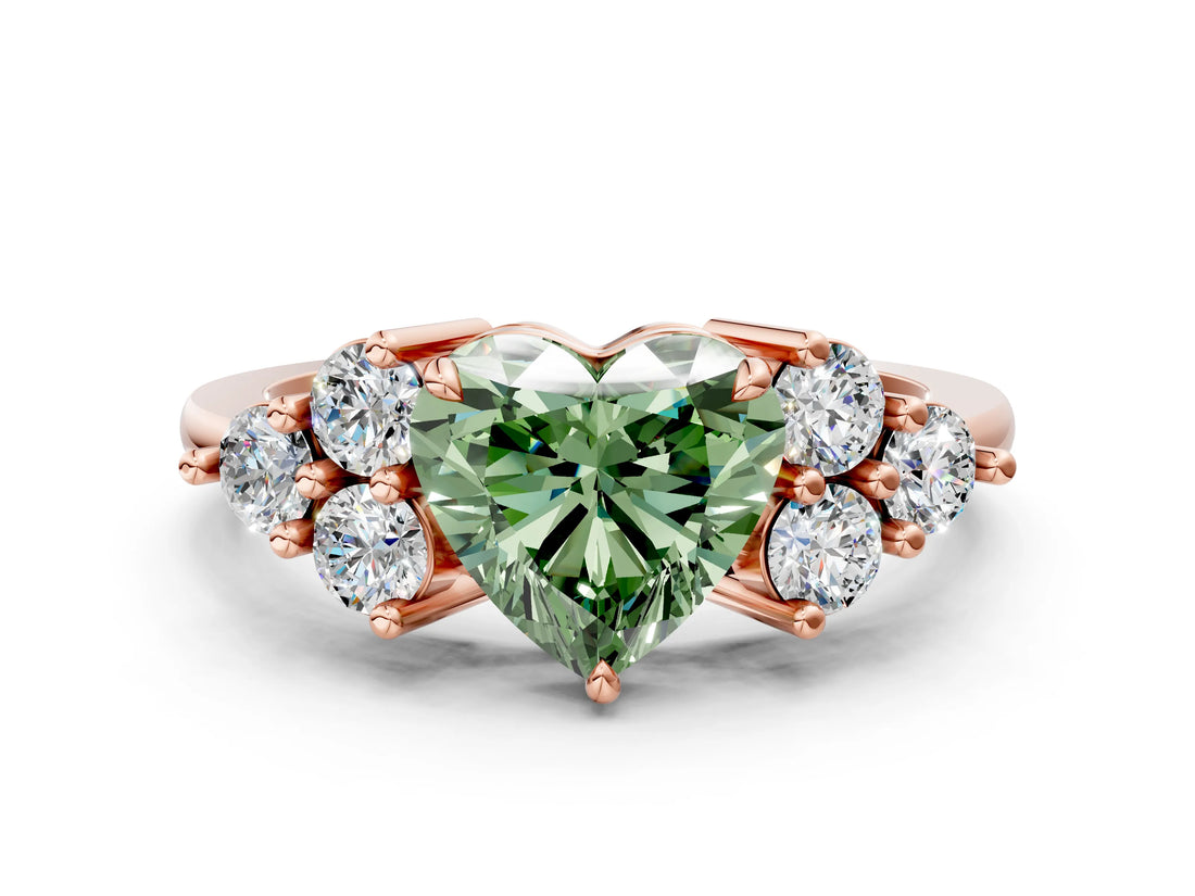 Rose gold Fancy Green Heart Cut Brilliant Diamond Cluster Accent Solitaire Ring with Prong Setting