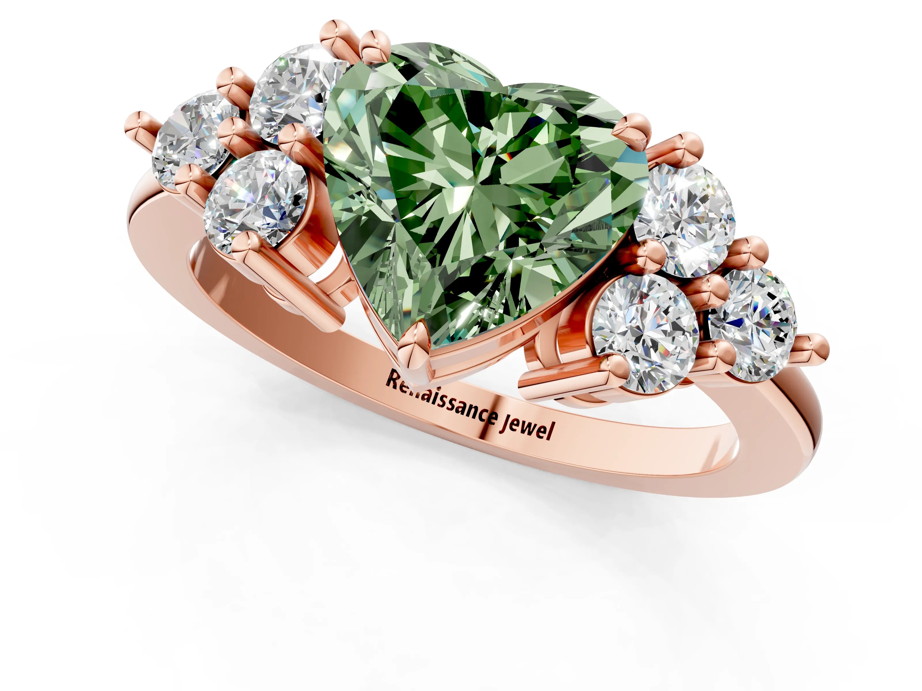 Rose gold Fancy Green Heart Cut Brilliant Diamond Cluster Accent Solitaire Ring with Prong Setting_1