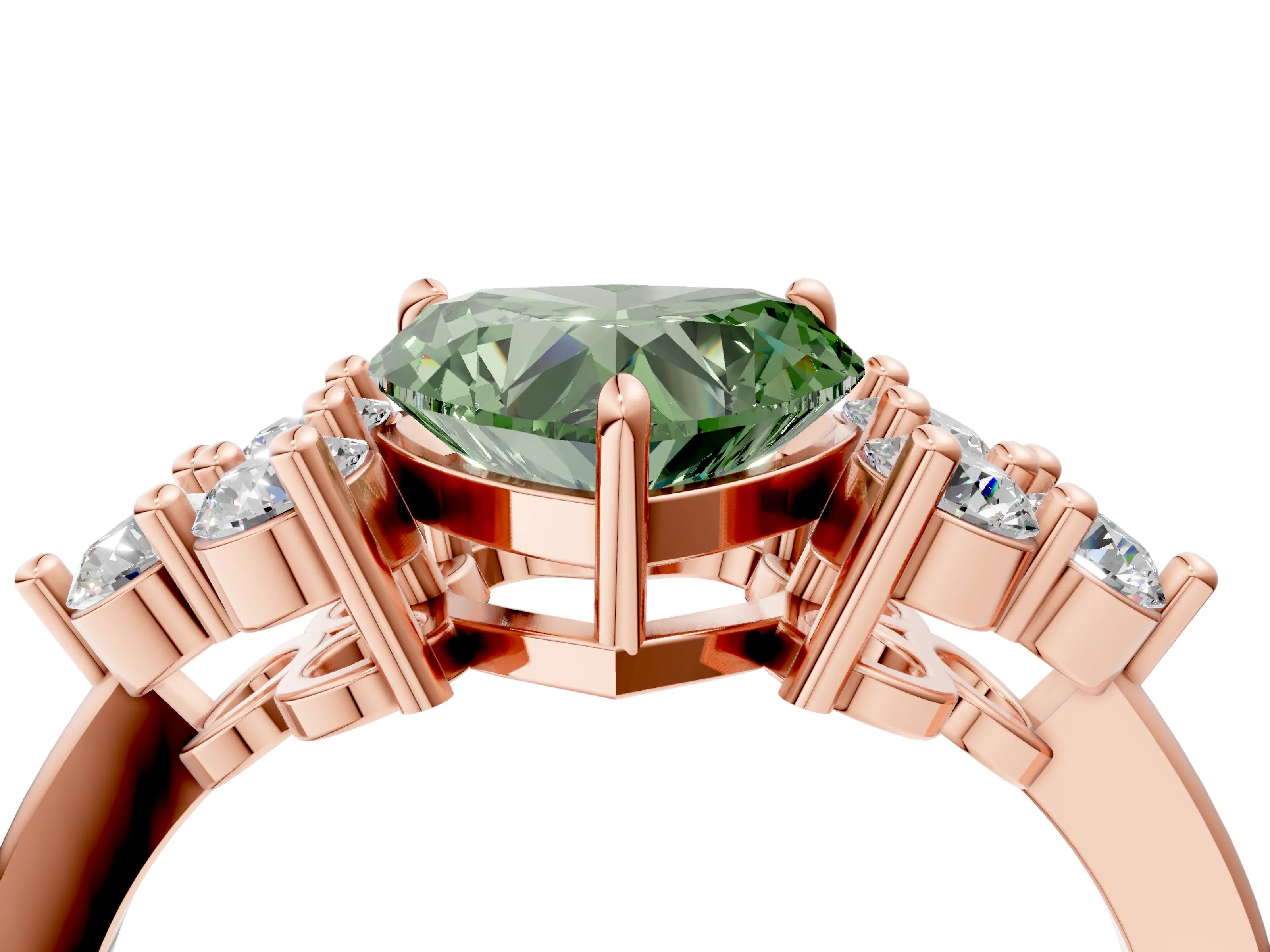 Rose gold Fancy Green Heart Cut Brilliant Diamond Cluster Accent Solitaire Ring with Prong Setting_4