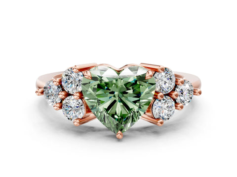 Rose gold Fancy Green Heart Cut Brilliant Diamond Cluster Accent Solitaire Ring with Prong Setting
