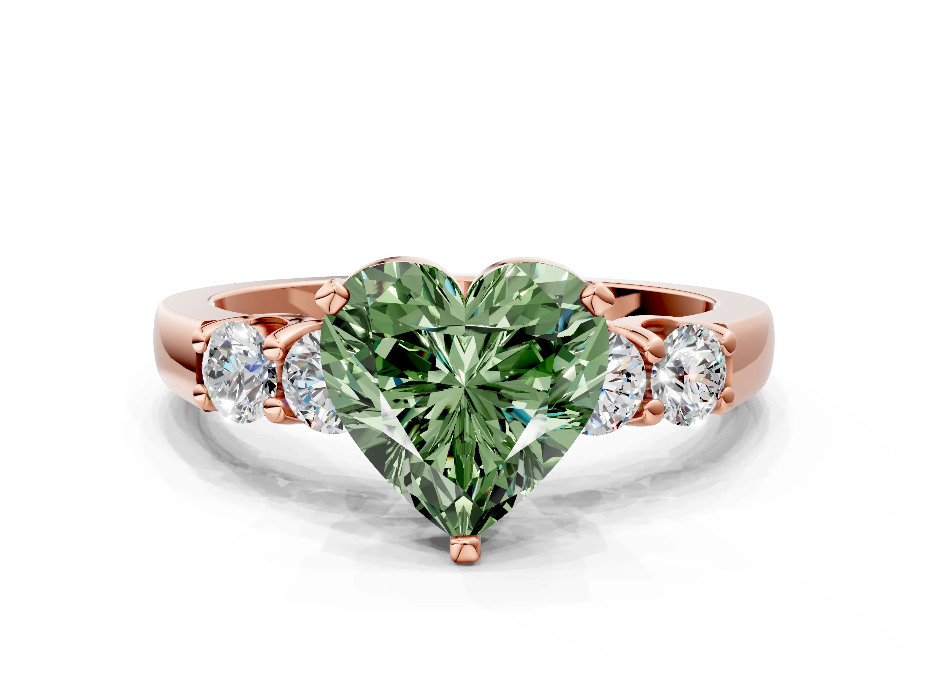 Rose gold Fancy Green Heart Cut Brilliant Diamond Five-Stone Engagement Ring with Prong Setting on a Classic Band_3
