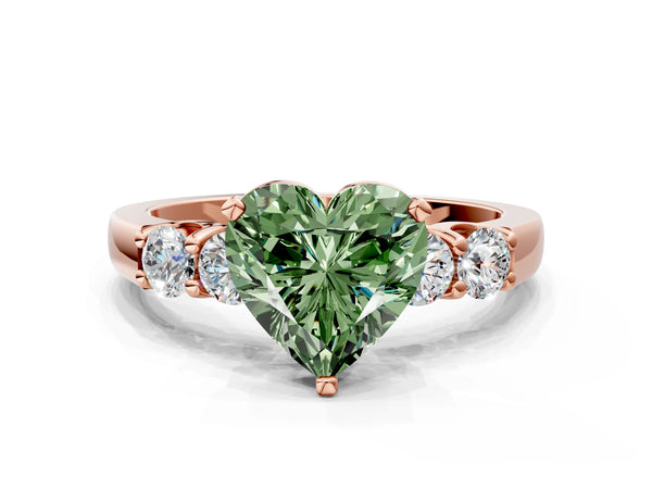 Rose gold Fancy Green Heart Cut Brilliant Diamond Five-Stone Engagement Ring with Prong Setting on a Classic Band
