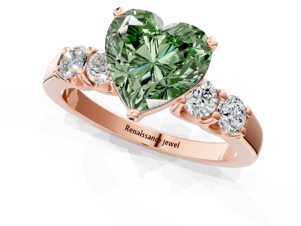 Rose gold Fancy Green Heart Cut Brilliant Diamond Five-Stone Engagement Ring with Prong Setting on a Classic Band
