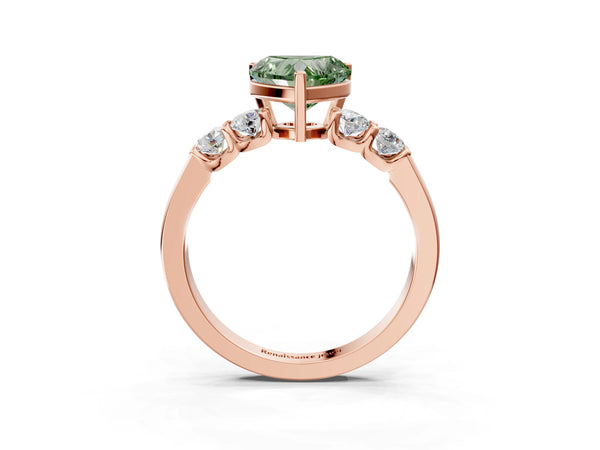 Rose gold Fancy Green Heart Cut Brilliant Diamond Five-Stone Engagement Ring with Prong Setting on a Classic Band