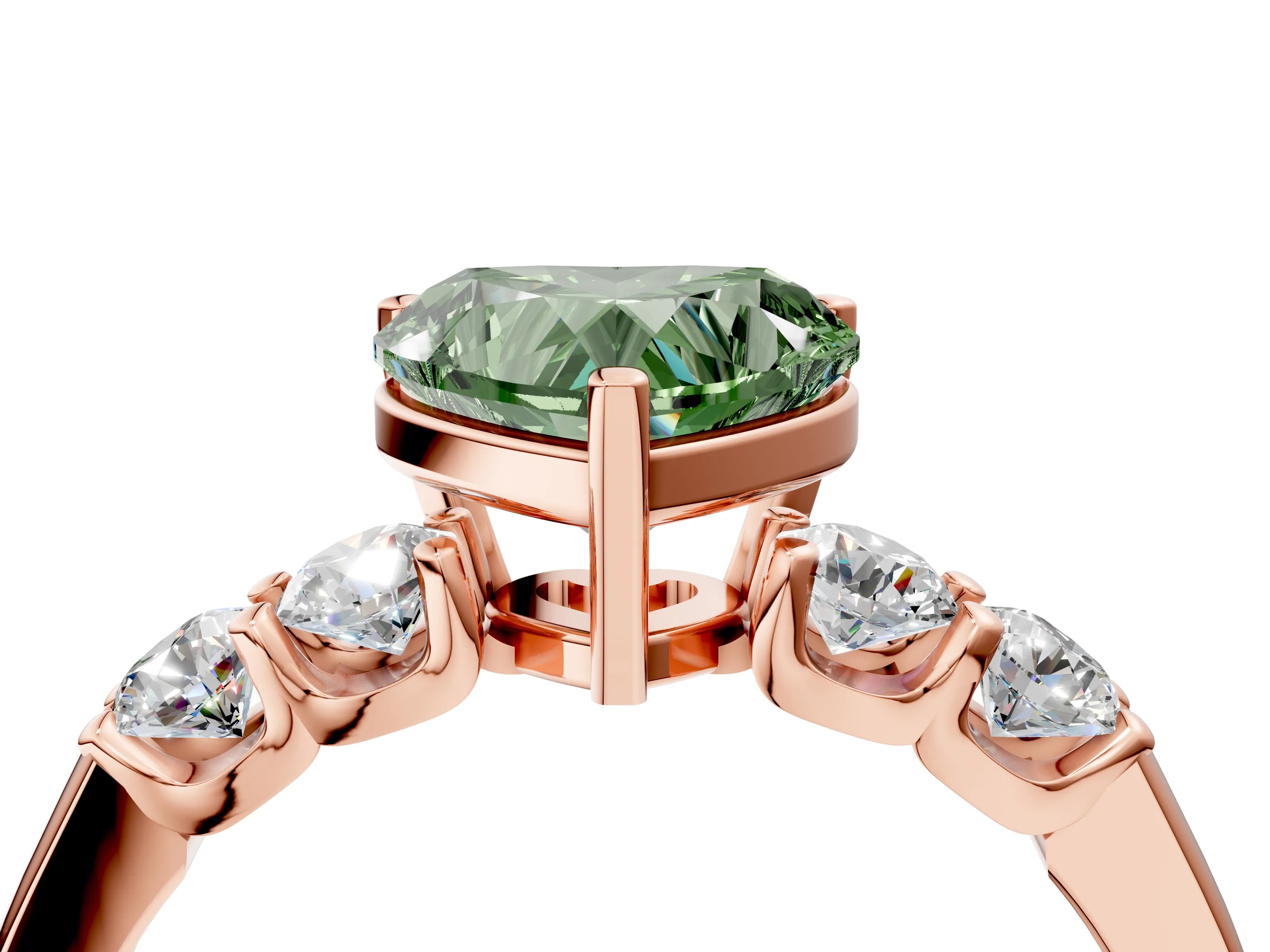 Rose gold Fancy Green Heart Cut Brilliant Diamond Five-Stone Engagement Ring with Prong Setting on a Classic Band_7