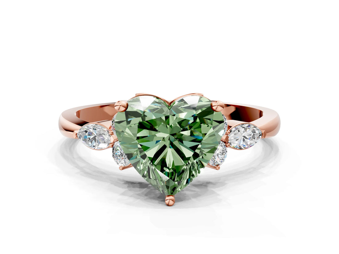 Rose gold Fancy Green Heart Cut Brilliant Diamond Solitaire Ring with Pear Side Stones and Four-Prong Setting_3