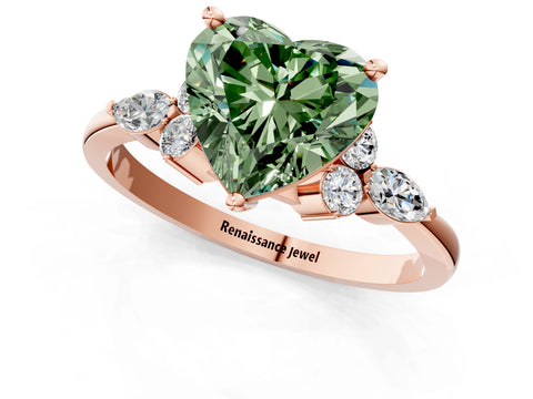 Rose gold Fancy Green Heart Cut Brilliant Diamond Solitaire Ring with Pear Side Stones and Four-Prong Setting_4