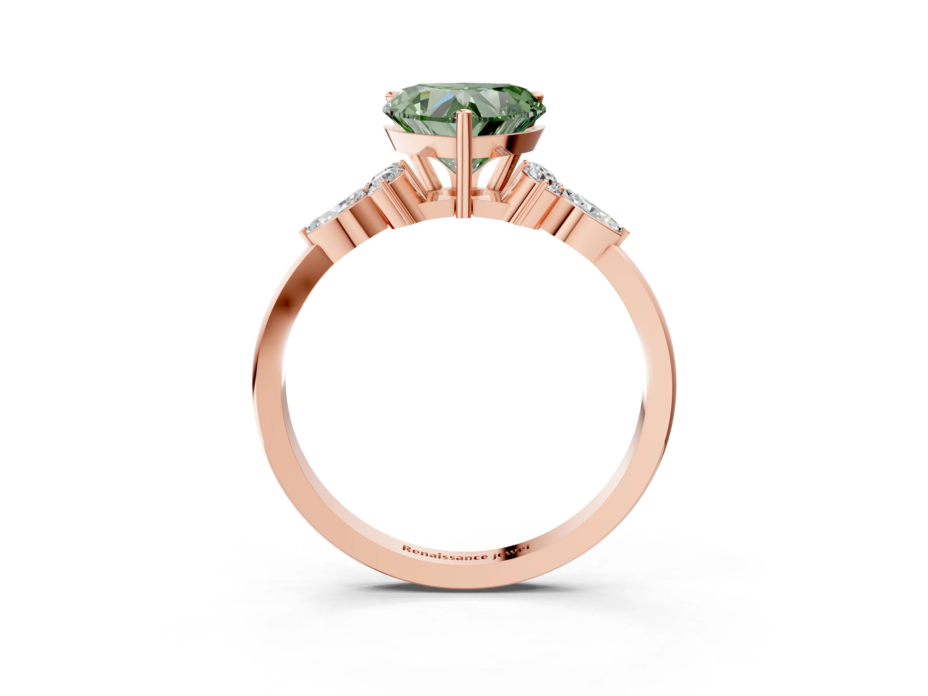Rose gold Fancy Green Heart Cut Brilliant Diamond Solitaire Ring with Pear Side Stones and Four-Prong Setting_6