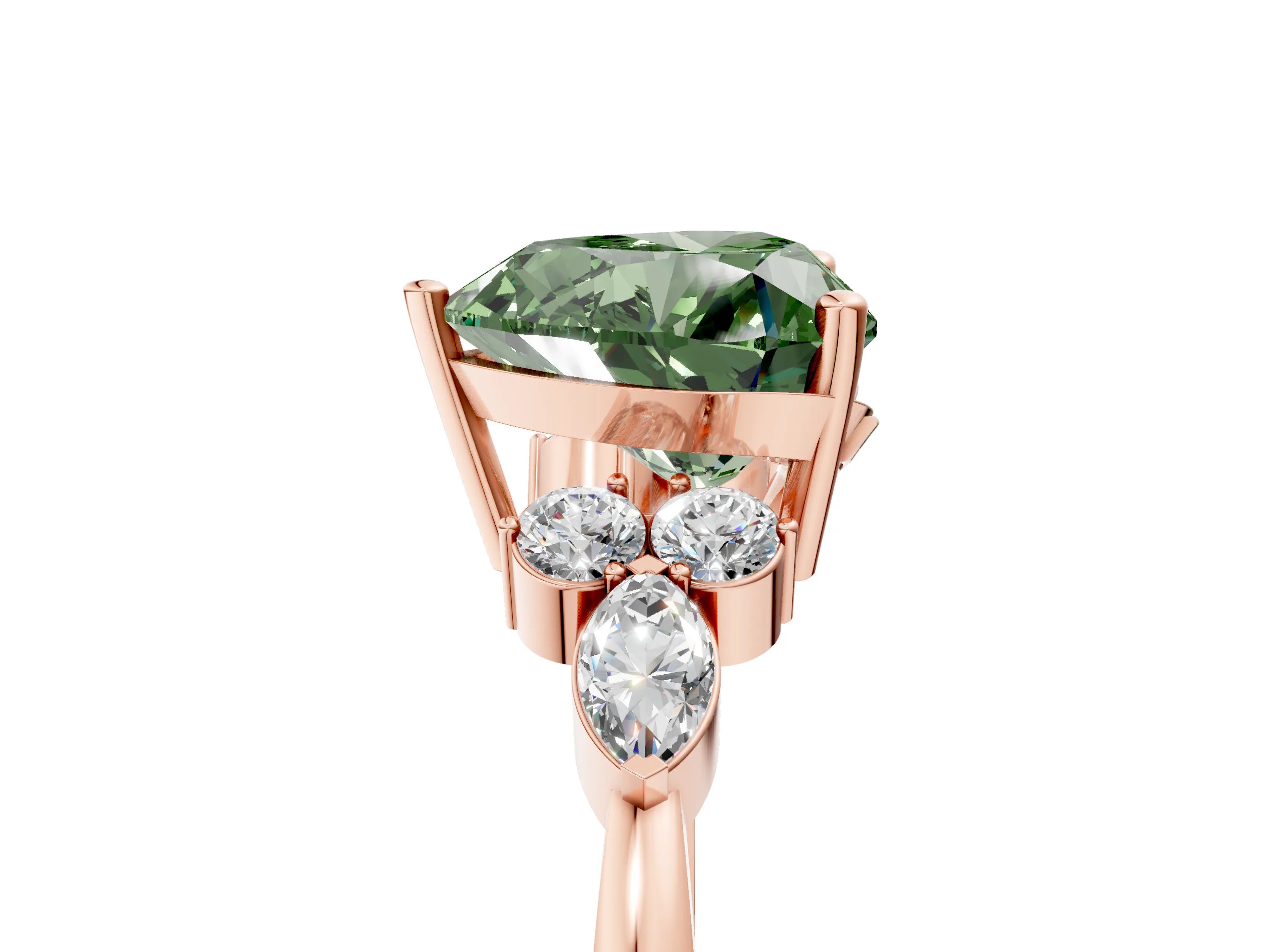 Rose gold Fancy Green Heart Cut Brilliant Diamond Solitaire Ring with Pear Side Stones and Four-Prong Setting_8
