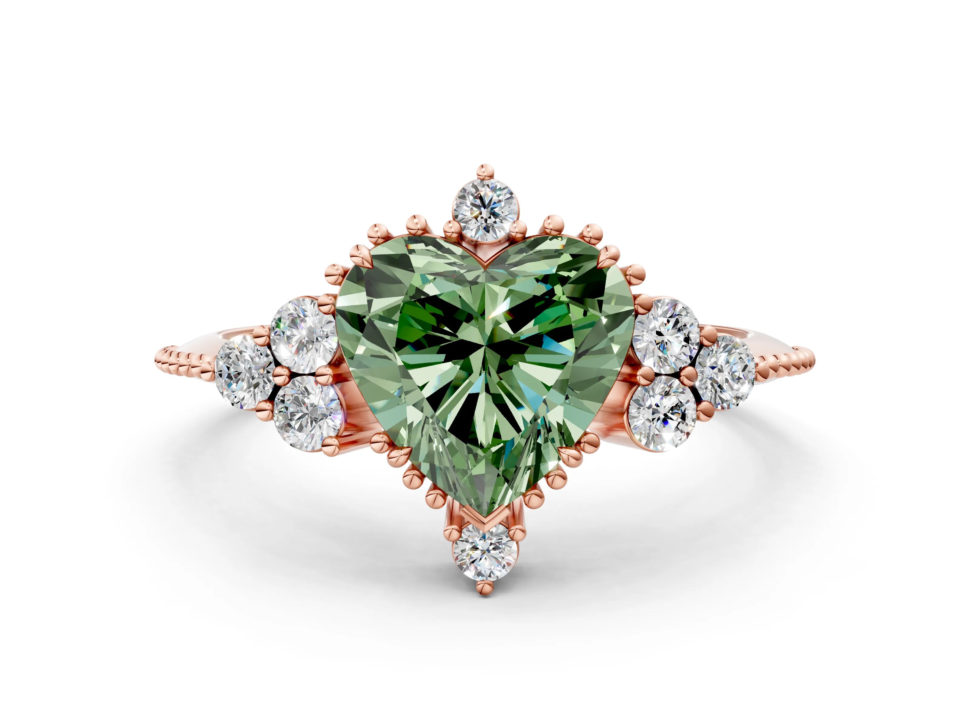 Rose gold Fancy Green Heart Cut Brilliant Diamond with Cluster Setting on a Beaded Band and Four-Prong Setting