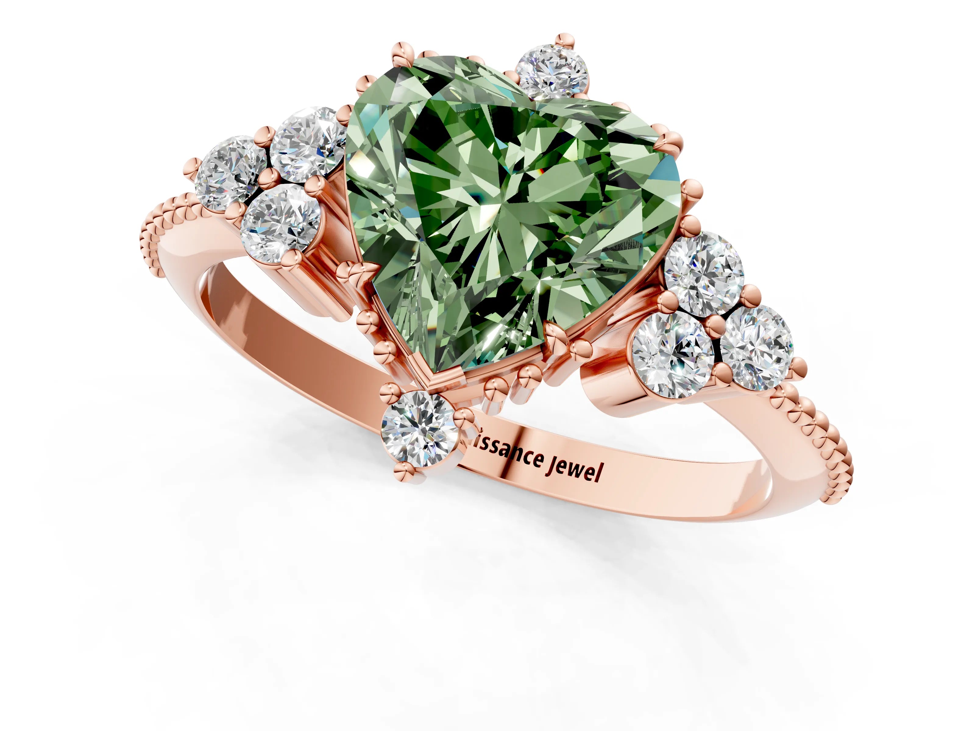 Rose gold Fancy Green Heart Cut Brilliant Diamond with Cluster Setting on a Beaded Band and Four-Prong Setting_1
