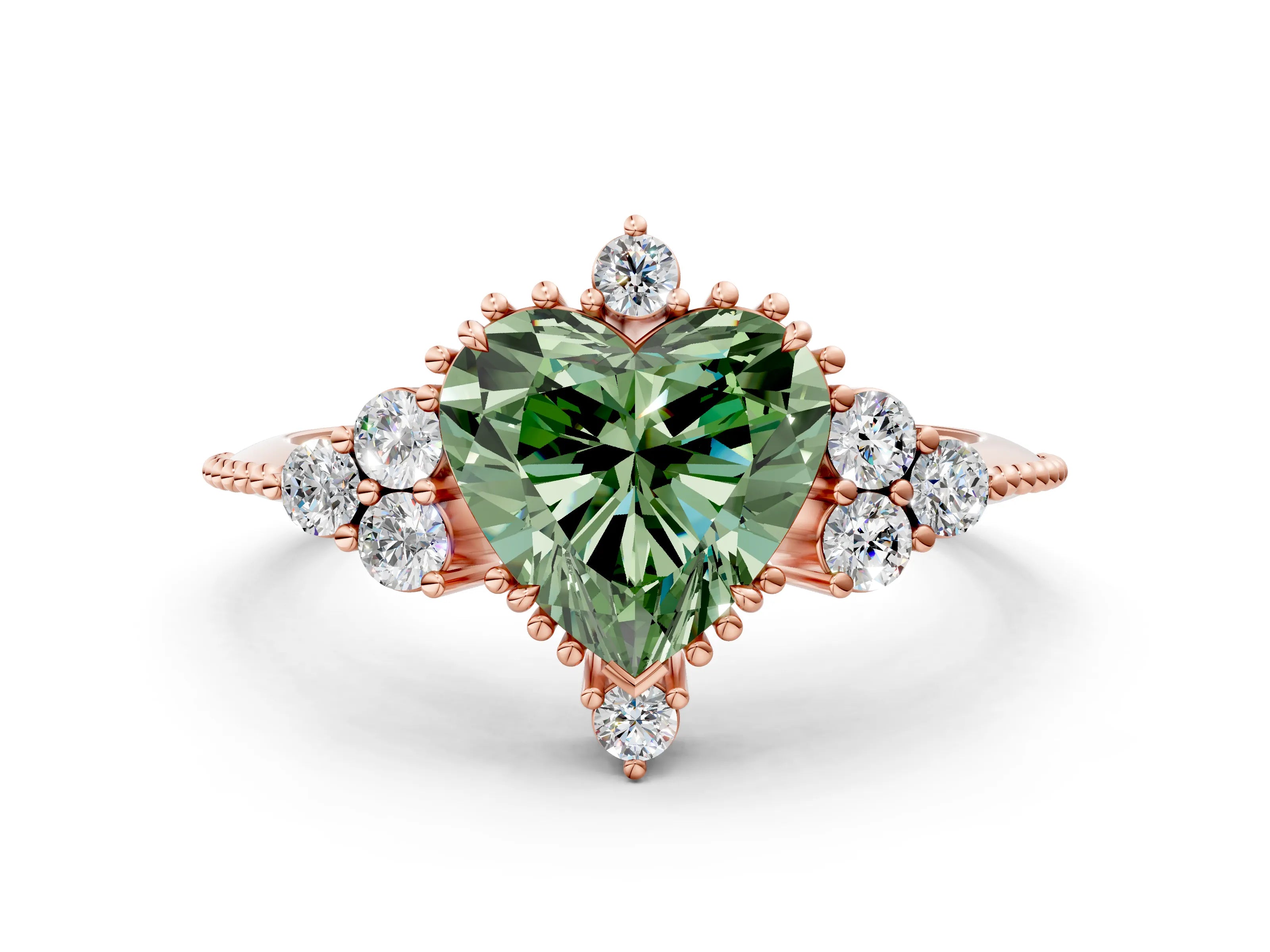 Rose gold Fancy Green Heart Cut Brilliant Diamond with Cluster Setting on a Beaded Band and Four-Prong Setting_12