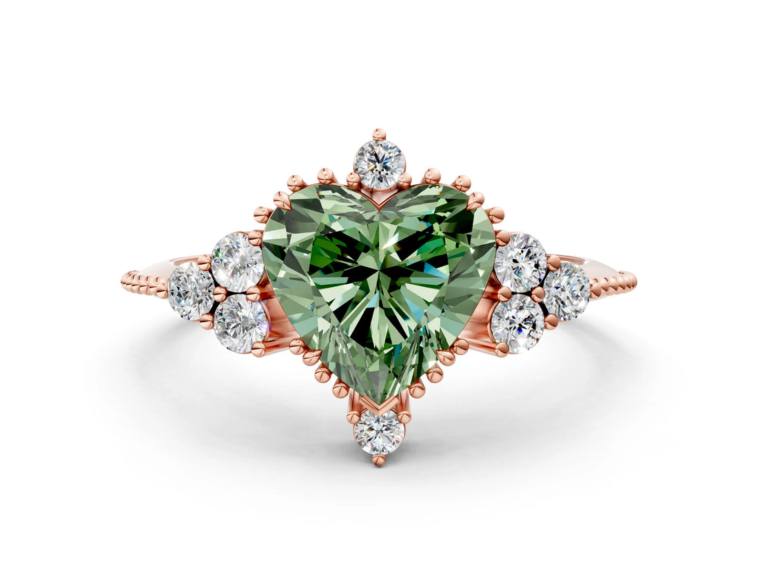 Rose gold Fancy Green Heart Cut Brilliant Diamond with Cluster Setting on a Beaded Band and Four-Prong Setting_12