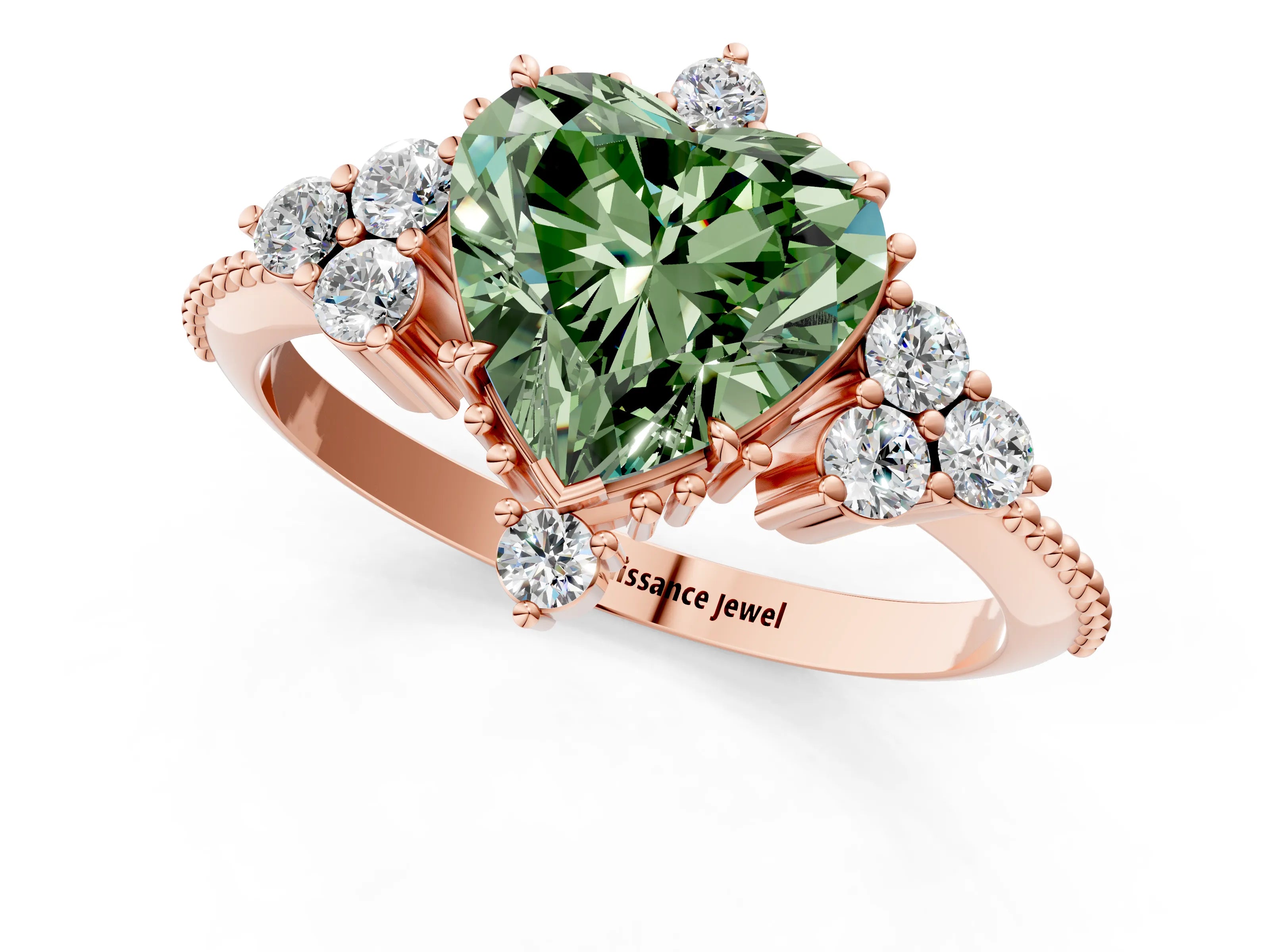 Rose gold Fancy Green Heart Cut Brilliant Diamond with Cluster Setting on a Beaded Band and Four-Prong Setting_13