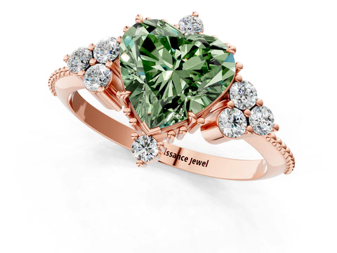 Rose gold Fancy Green Heart Cut Brilliant Diamond with Cluster Setting on a Beaded Band and Four-Prong Setting_1