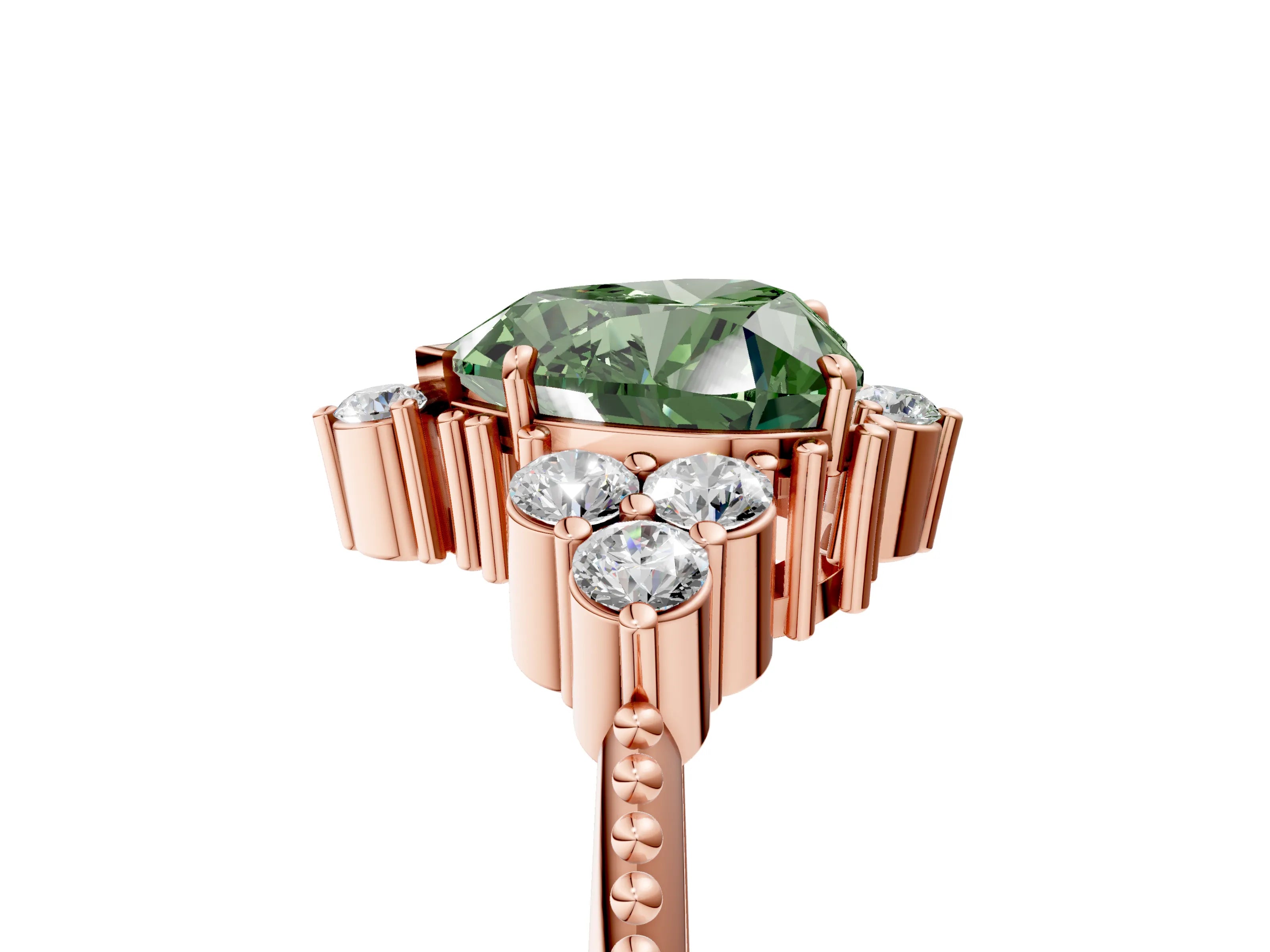 Rose gold Fancy Green Heart Cut Brilliant Diamond with Cluster Setting on a Beaded Band and Four-Prong Setting_5