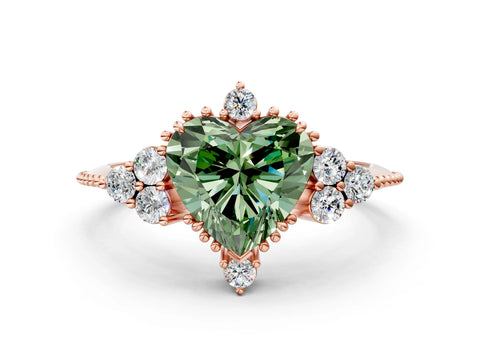 Rose gold Fancy Green Heart Cut Brilliant Diamond with Cluster Setting on a Beaded Band and Four-Prong Setting