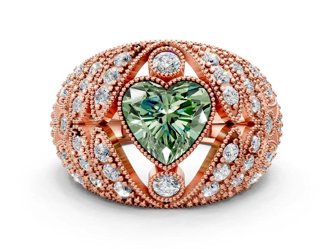 Rose gold Fancy Green Heart Cut Brilliant Halo Pave Diamond Milgrain Ring