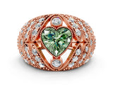 Rose gold Fancy Green Heart Cut Brilliant Halo Pave Diamond Milgrain Ring