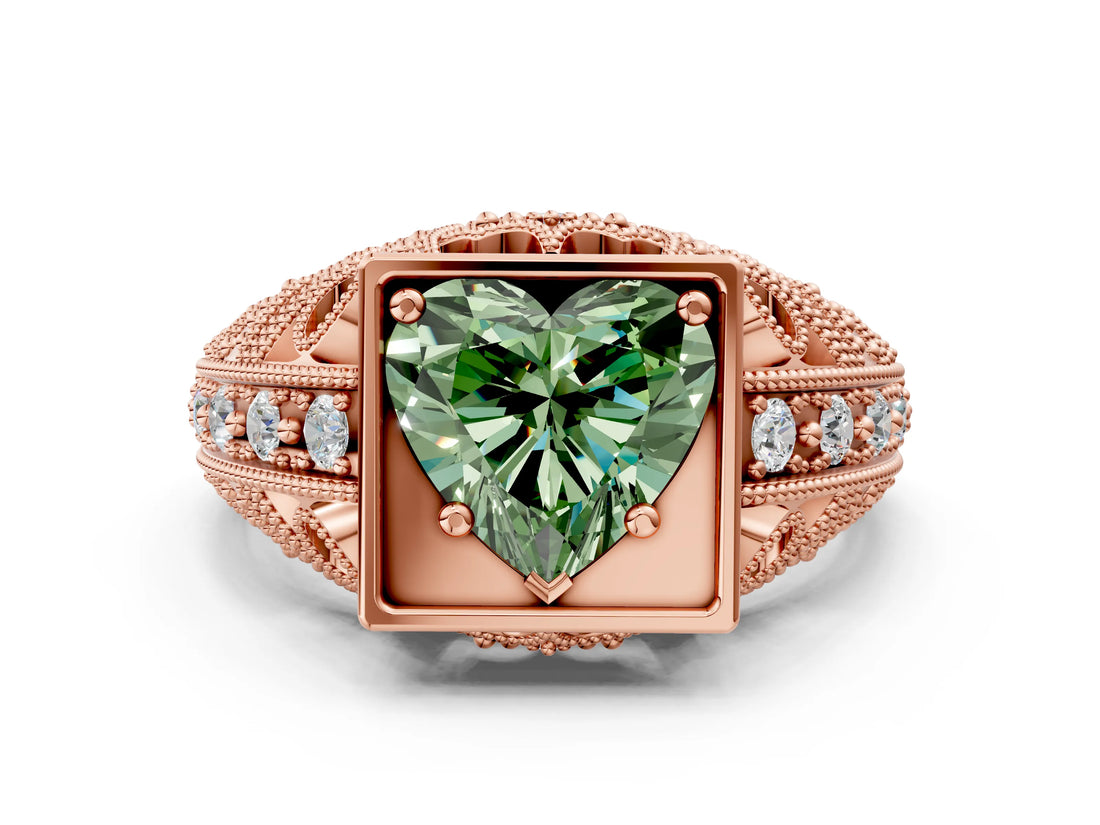 Rose gold Fancy Green Heart Cut Brilliant Milgrain Filigree Diamond Ring with Square Prong Setting