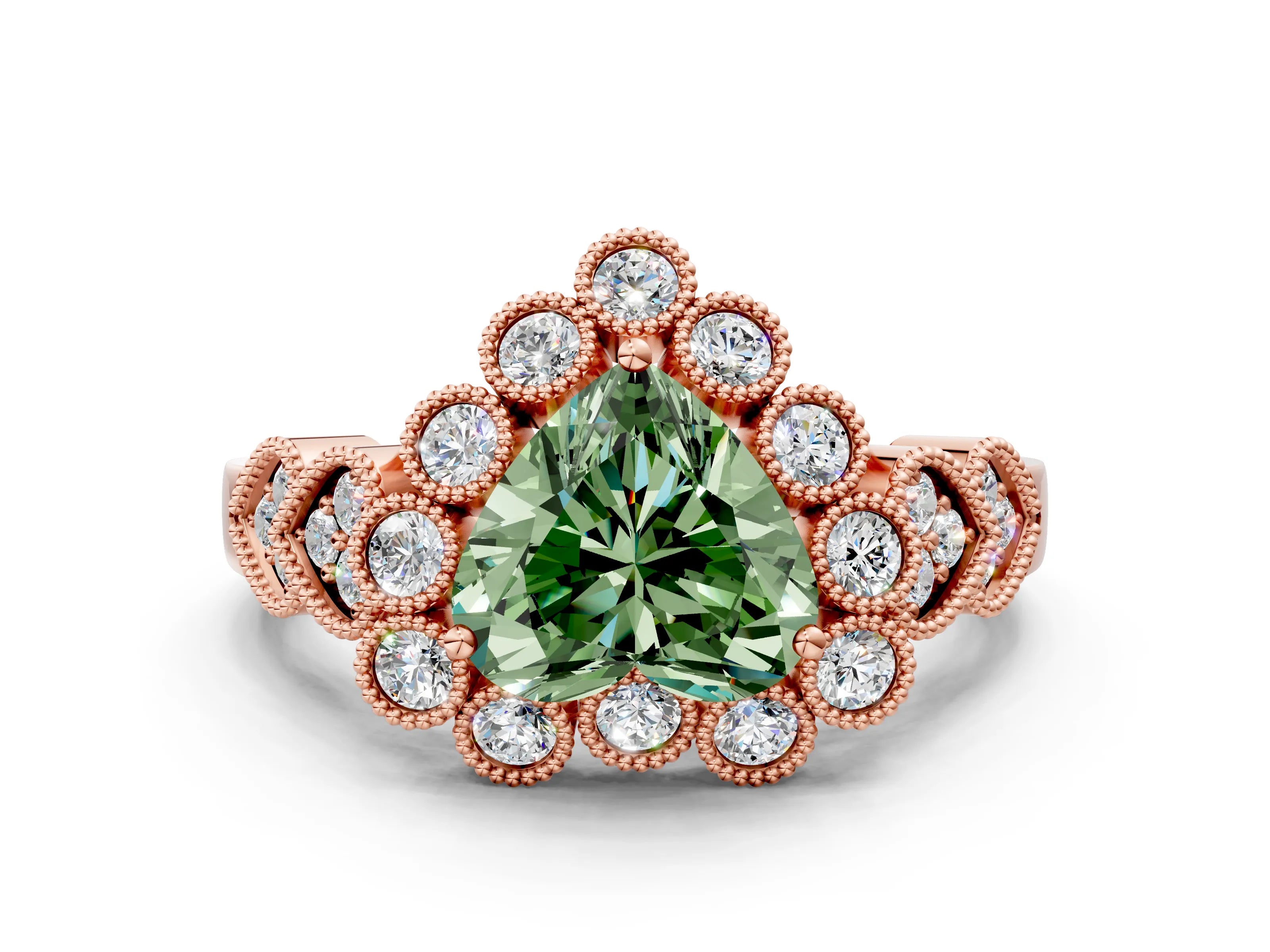 Rose gold Fancy Green Heart Cut Brilliant Milgrain Pave Heart Band Solitaire Ring