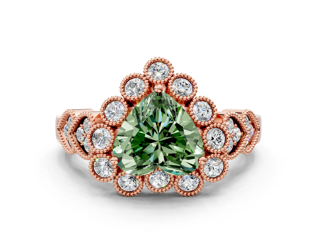 Rose gold Fancy Green Heart Cut Brilliant Milgrain Pave Heart Band Solitaire Ring