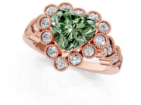 Rose gold Fancy Green Heart Cut Brilliant Milgrain Pave Heart Band Solitaire Ring_1