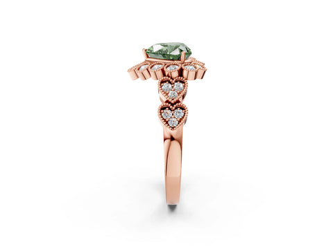 Rose gold Fancy Green Heart Cut Brilliant Milgrain Pave Heart Band Solitaire Ring_2