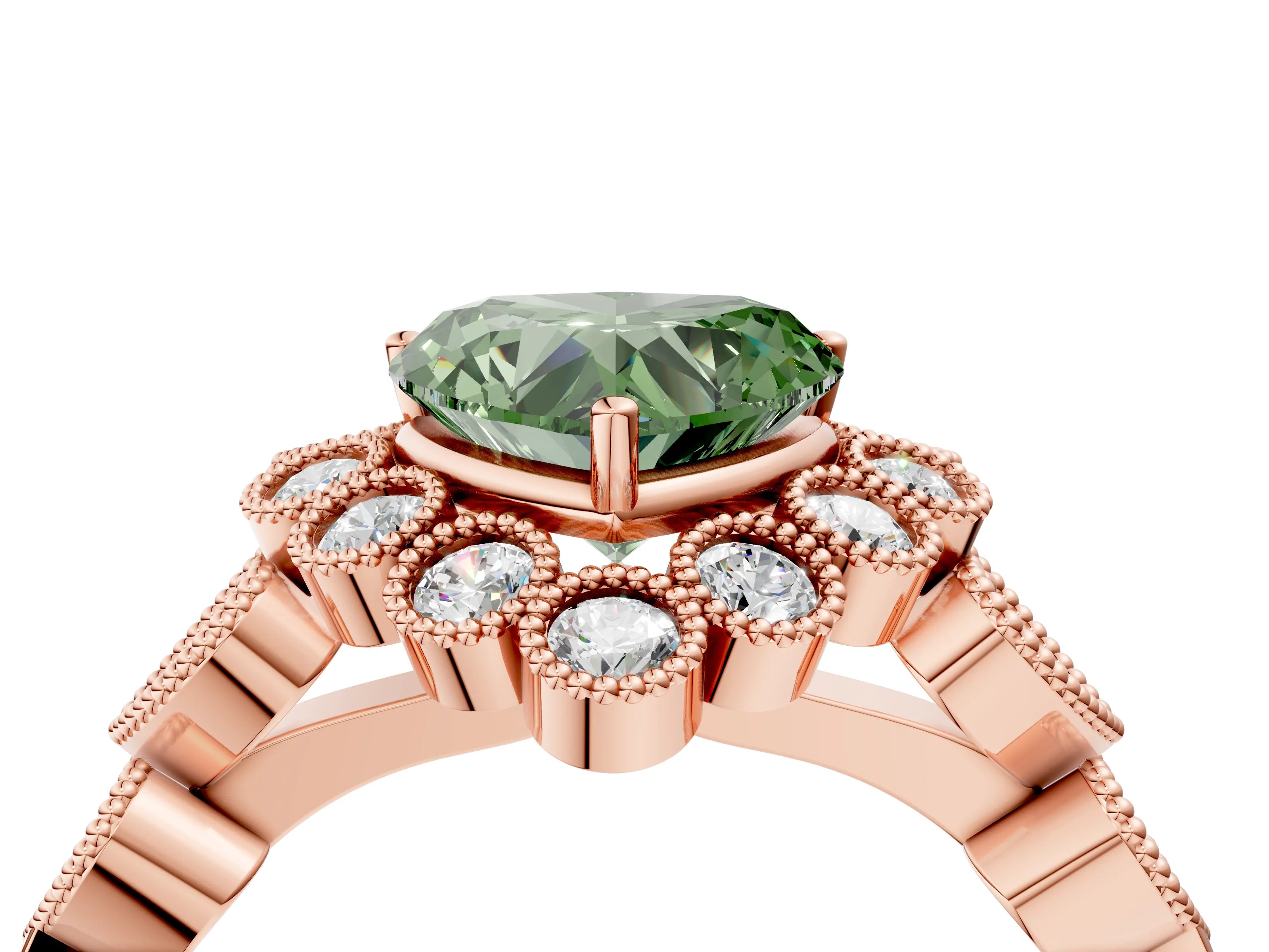 Rose gold Fancy Green Heart Cut Brilliant Milgrain Pave Heart Band Solitaire Ring_4