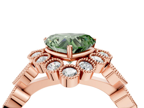 Rose gold Fancy Green Heart Cut Brilliant Milgrain Pave Heart Band Solitaire Ring_4