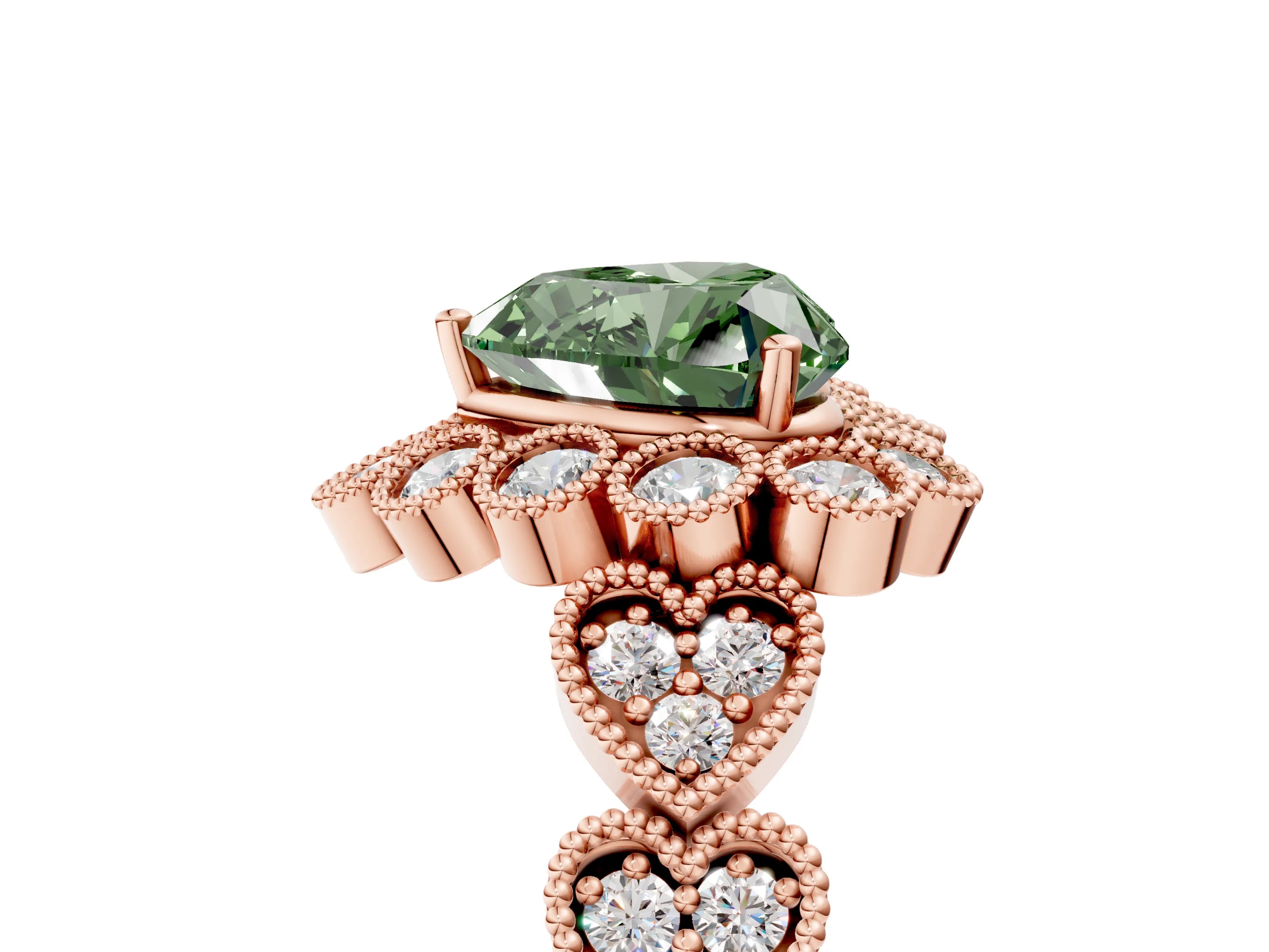 Rose gold Fancy Green Heart Cut Brilliant Milgrain Pave Heart Band Solitaire Ring_5