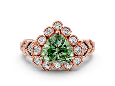 Rose gold Fancy Green Heart Cut Brilliant Milgrain Pave Heart Band Solitaire Ring