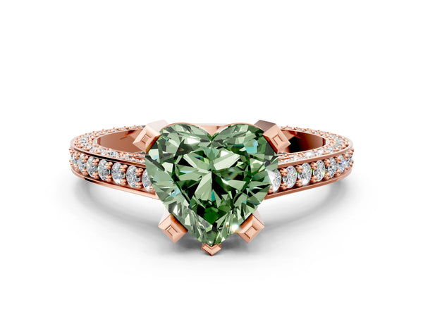 Rose gold Fancy Green Heart Cut Brilliant Split Shank Pave Solitaire Ring with Four-Prong Setting