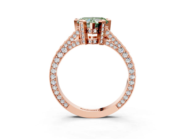 Rose gold Fancy Green Heart Cut Brilliant Split Shank Pave Solitaire Ring with Four-Prong Setting