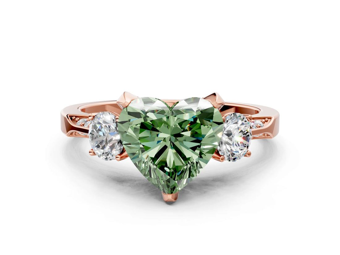 Rose gold Fancy Green Heart Cut Brilliant Three-Stone Diamond Ring with Pavé Band and Four-Prong Setting_3