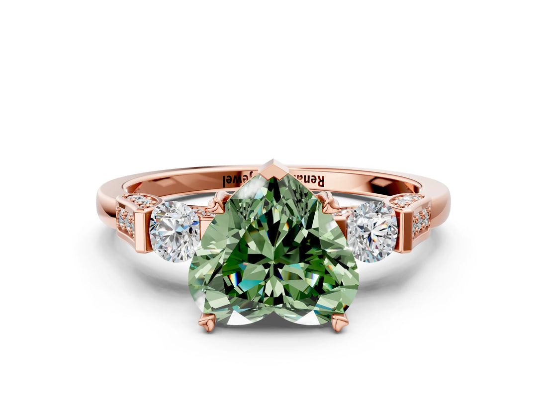 Rose gold Fancy Green Heart Cut Brilliant Three-Stone Pave Band with Four-Prong Setting