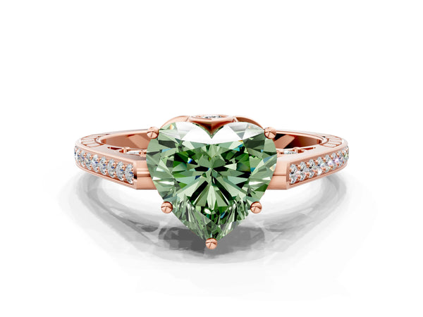Rose gold Fancy Green Heart  Cut Cathedral Pave Diamond Engagement Ring with Six-Prong Setting