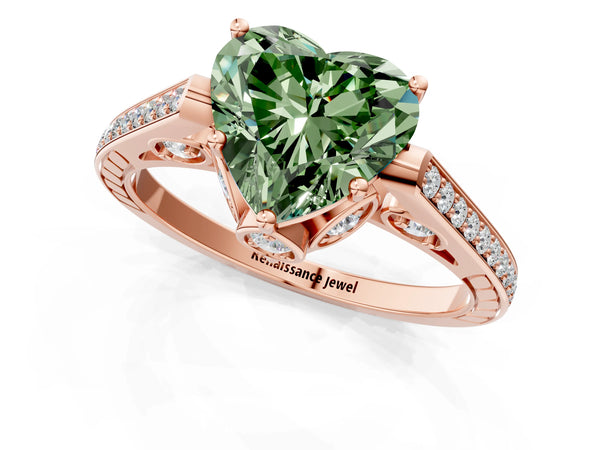 Rose gold Fancy Green Heart  Cut Cathedral Pave Diamond Engagement Ring with Six-Prong Setting