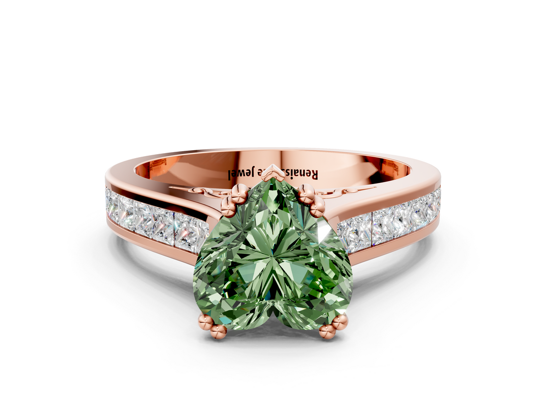 Rose gold Fancy Green Heart  Cut Channel Set Solitaire Engagement Ring with Prong Setting