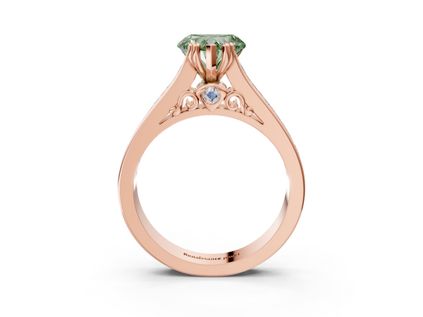 Rose Gold Heart-Shaped Channel Set Solitaire Engagement Ring Setting for Fancy Green Center with Double Claw Prongs