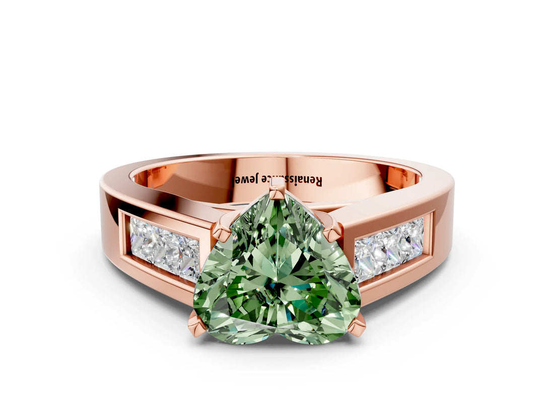 Rose gold Fancy Green Heart Cut Cut Channel Set Solitaire Ring with Four-Prong Setting