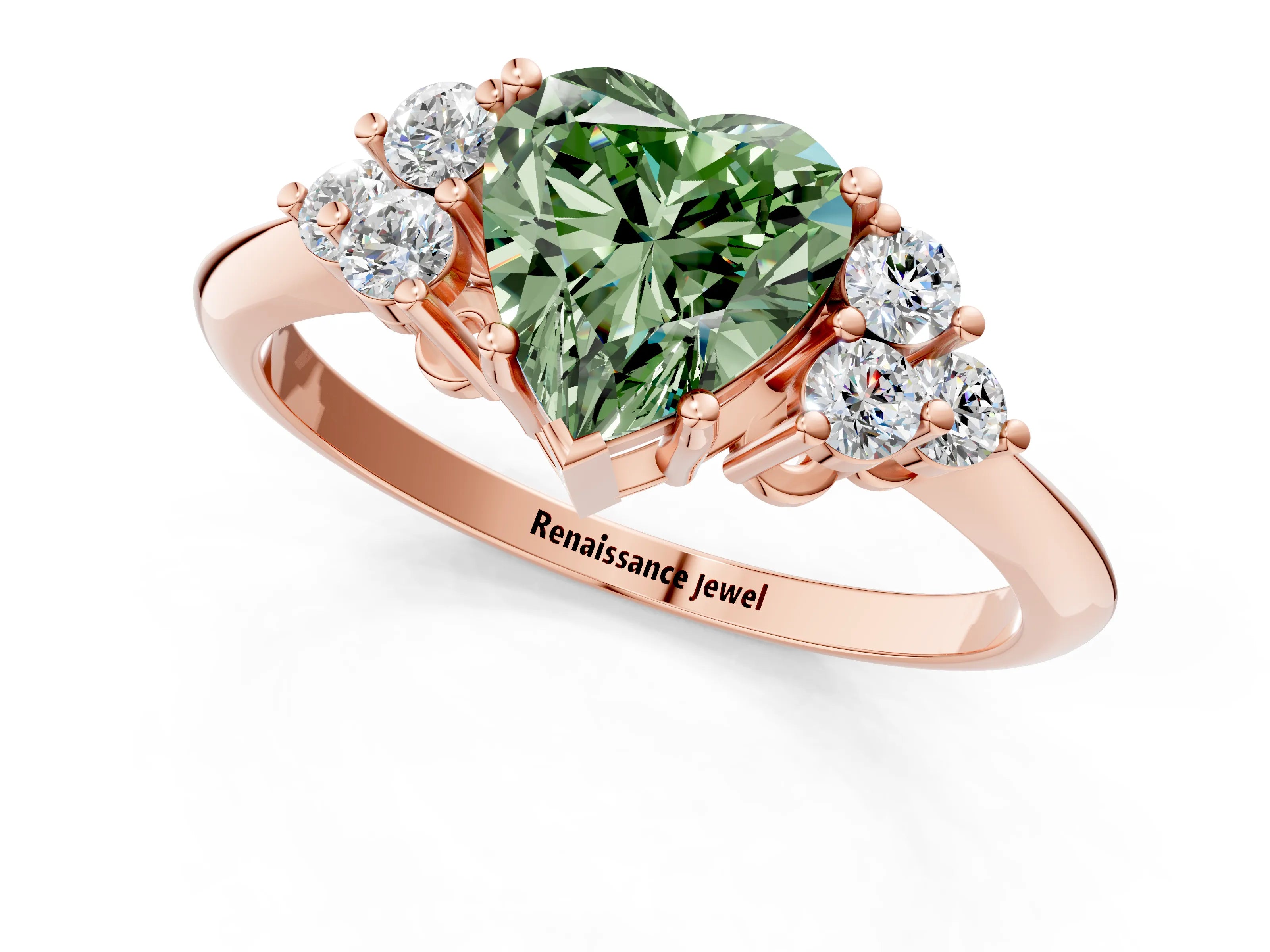 Rose gold Fancy Green Heart Cut Cut Diamond Cluster Ring with Solitaire Band and Four-Prong Setting_13