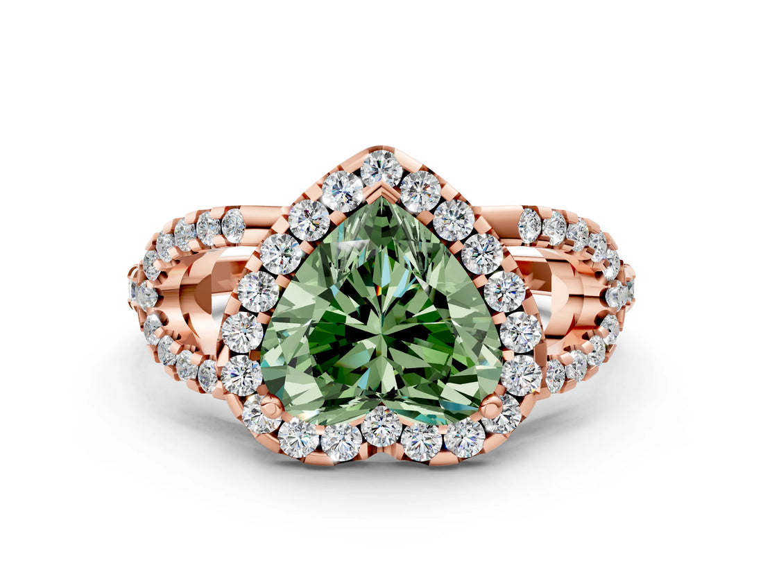 Rose gold Fancy Green Heart Cut Cut Diamond Halo Engagement Ring with Open Split Pavé Band