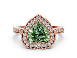 Rose gold Fancy Green Heart Cut-Cut Diamond Halo Engagement Ring with Pave Band and Prong Setting