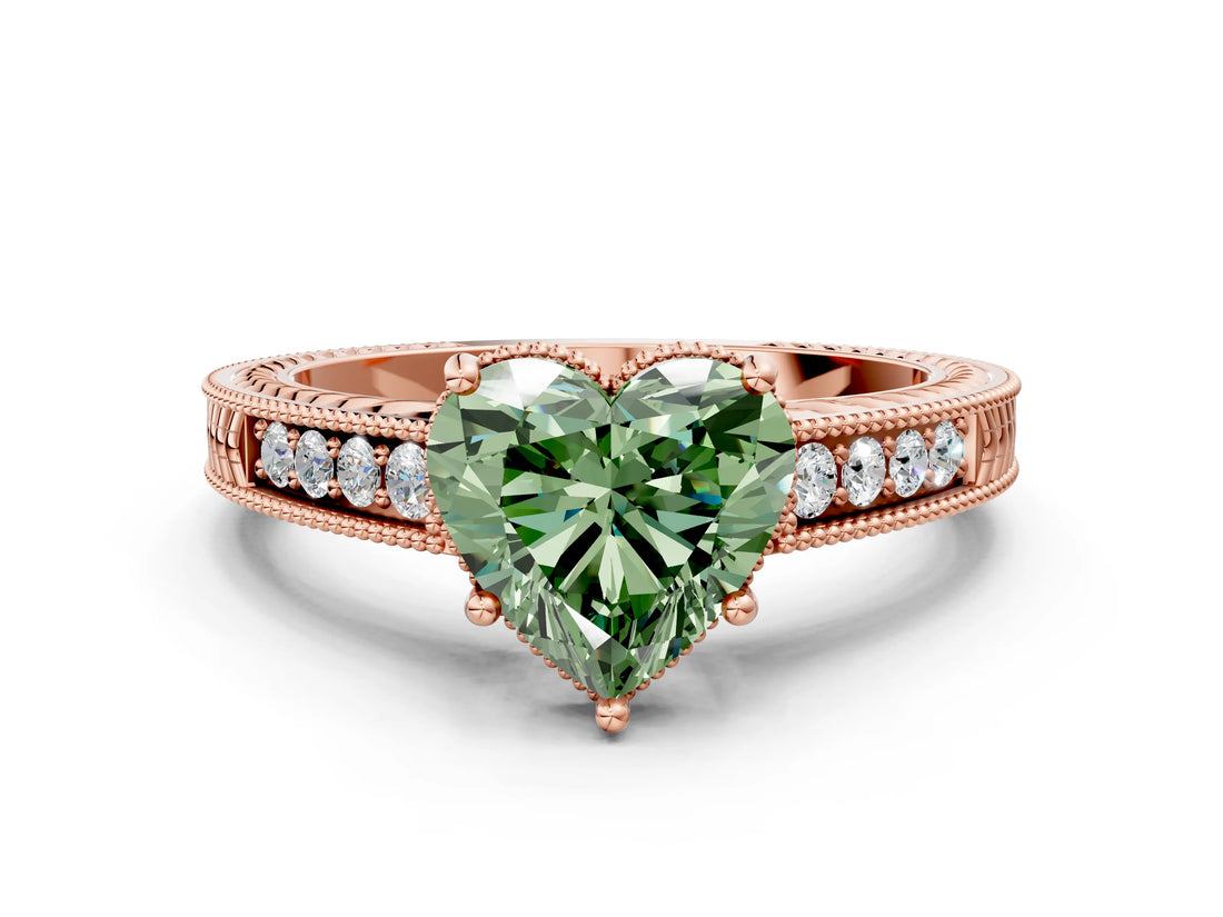 Rose gold Fancy Green Heart Cut Cut Diamond Milgrain Pave Band Four-Prong Setting Ring_3