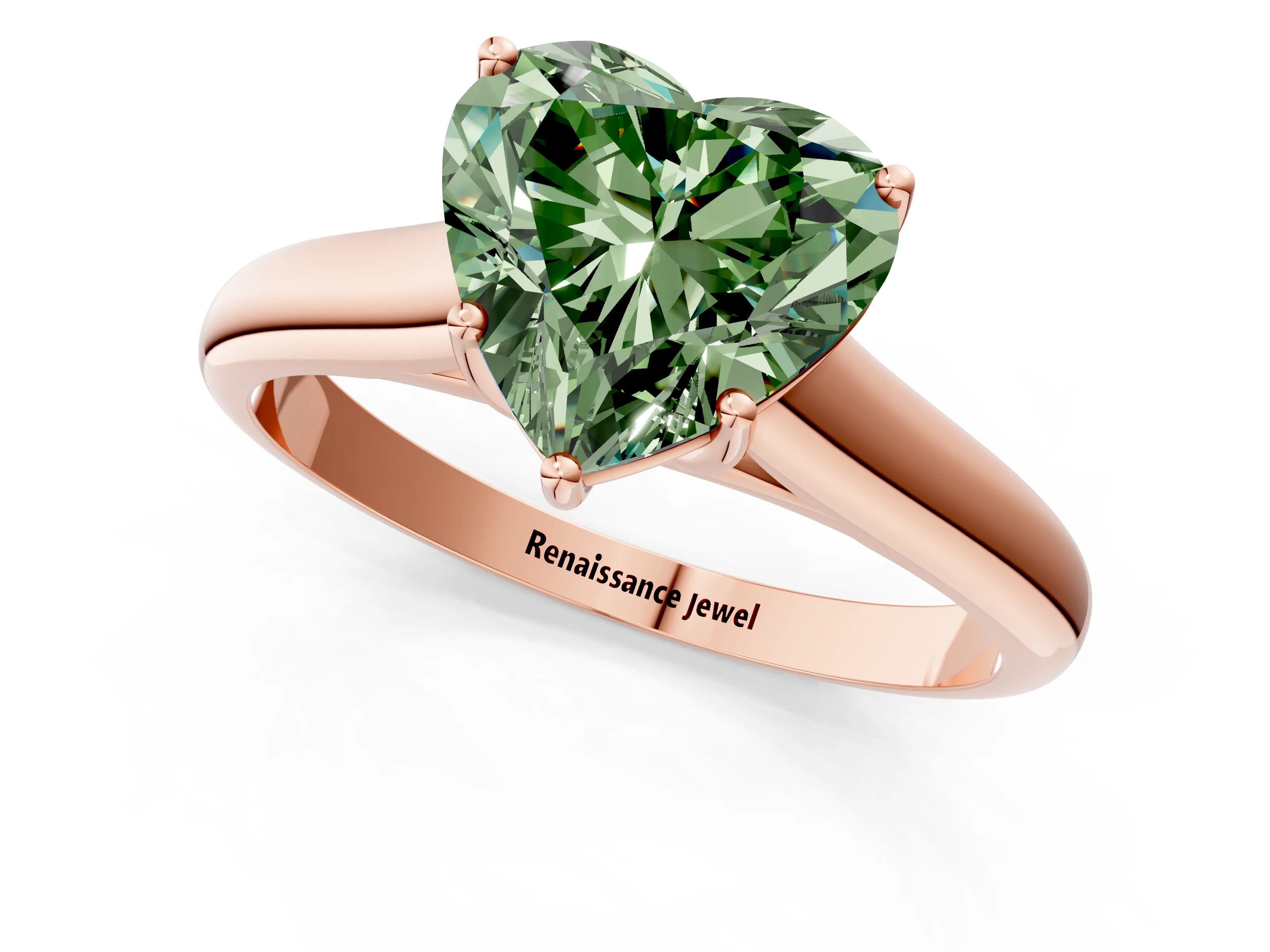 Rose gold Fancy Green Heart Cut Cut Diamond Solitaire Engagement Ring with Tapered Plain Band and Four-Prong Setting_1